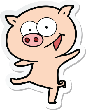 Bir insan tarafından çizilmiş neşeli bir domuz çizgi filminin çıkartması.