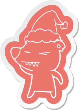 Kızgın kutup ayısı garip çizgi film çıkartması. Bir insan tarafından çizilmiş Noel Baba şapkası.