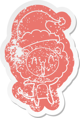 Mutlu çizgi film, bir insan tarafından çizilmiş Noel Baba şapkası takan bir aslanın hüzünlü çıkartması.