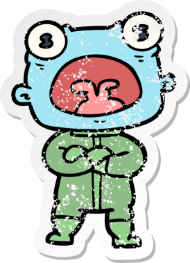 Bir insan tarafından çizilmiş garip uzaylı karikatürünün sıkıntılı çıkartması.