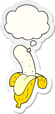 Düşünce baloncuklu çizgi film muzu insan tarafından çizilmiş bir çıkartma.