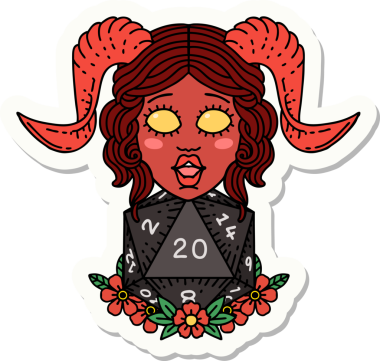 Bir insan tarafından çizilmiş doğal yirmi zarla yapıştırılmış bir etiket.