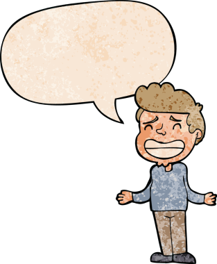 Çizgi filmci çocuk, bir insan tarafından çizilmiş eski tarz konuşma baloncuğuyla omuz silkiyor.