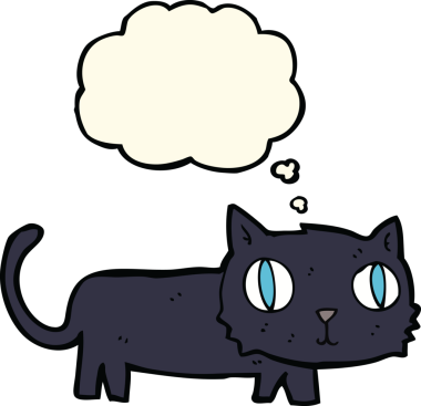 Bir insan tarafından çizilmiş düşünce baloncuklu kara kedi.