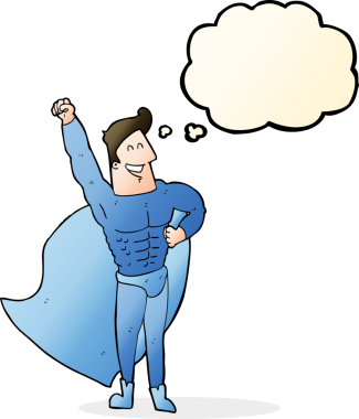 Bir insan tarafından çizilmiş düşünce baloncuğu olan bir süper kahraman.