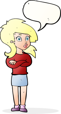 Bir insan tarafından çizilmiş, kolları katlanmış, konuşma balonu olan çizgi film kadını.