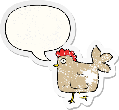 Konuşma baloncuğu olan çizgi film tavuğu bir insan tarafından çizilmiş sıkıntılı eski bir çıkartma