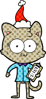 Bir insan tarafından çizilmiş Noel Baba şapkası giyen sürpriz bir ofis çalışanı kedisinin el çizimi çizgi roman tasviri.