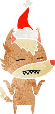 Bir insanın çizdiği Noel Baba şapkasını takan bir kurdun el çizimi karikatürü.