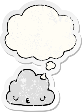 Düşünce baloncuğu olan sevimli çizgi film bulutu bir insan tarafından çizilmiş yıpranmış bir çıkartma gibi.