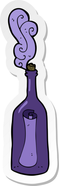 Bir insan tarafından çizilmiş bir şişenin içindeki karikatür etiketi.