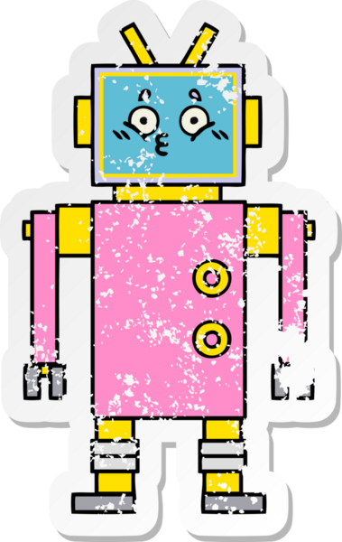 Bir insan tarafından çizilmiş sevimli bir robot çizgi film çıkartması.