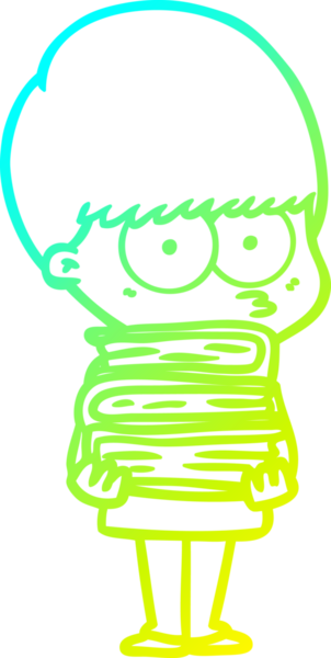 Bir insan tarafından çizilmiş kitapları taşıyan sinirli bir çizgi film çocuğunun çizimi.