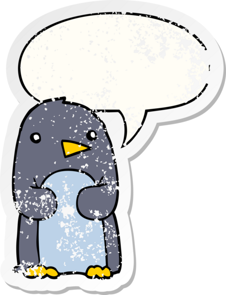 Konuşma baloncuğu olan karikatür pengueni bir insan tarafından çizilmiş sıkıntılı eski bir çıkartma
