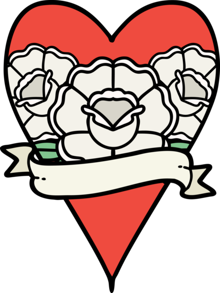 Geleneksel kalp şeklinde dövme ve bir insan tarafından çizilmiş çiçekli pankart.