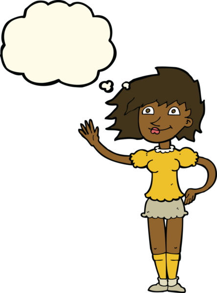 Bir insan tarafından çizilmiş düşünce baloncuğuyla el sallayan çizgi film kadını.