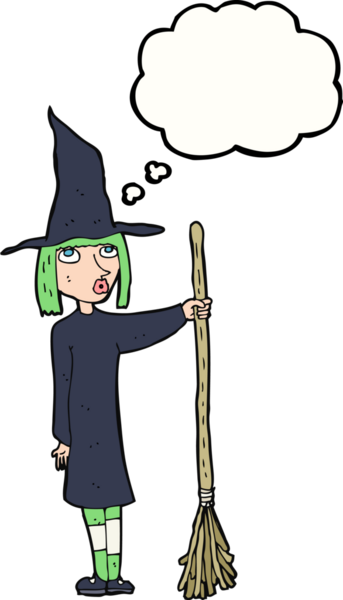 Bir insan tarafından çizilmiş düşünce baloncuklu çizgi film cadısı.