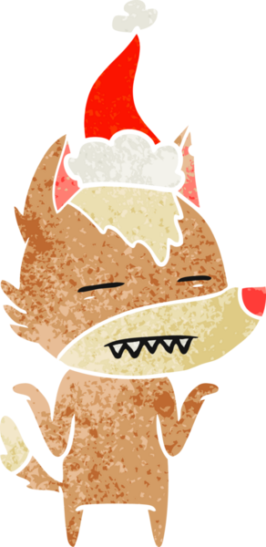 Bir insanın çizdiği Noel Baba şapkasını takan bir kurdun el çizimi karikatürü.