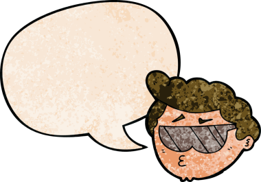 Çizgi filmci çocuk, güneş gözlüğü takıyor ve konuşma baloncuğu ile eski moda bir insan tarafından çizilmiş.