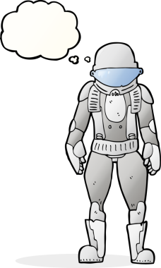 Bir insan tarafından çizilmiş düşünce baloncuklu astronot.