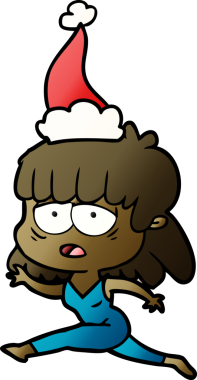 Bir insan tarafından çizilmiş Noel Baba şapkası giymiş yorgun bir kadının el çizimi karikatürü.