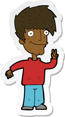 Bir insan tarafından çizilmiş barış işareti veren bir çizgi film karakterinin çıkartması.