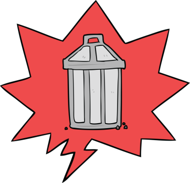 Bir insan tarafından çizilmiş konuşma balonlu eski metal çöp tenekesi.