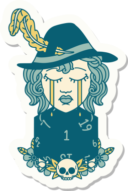 Ağlayan bir insan şairin çıkartması ve bir insan tarafından çizilmiş doğal bir D20 zar.