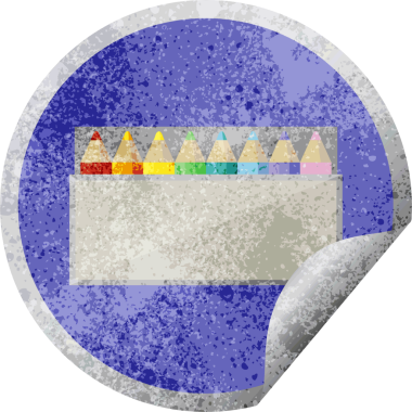 Bir insan tarafından çizilmiş renkli kalem paketi grafik vektör çizim dairesel etiketi