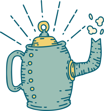 Geleneksel dövme stili eski kahve demliğinin bir insan tarafından çizilmiş hali.