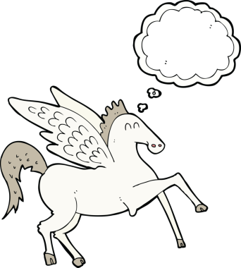 Bir insan tarafından çizilmiş düşünce baloncuklu karikatür pegasus.