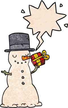 Bir insan tarafından çizilmiş eski moda konuşma balonlu kardan adam çizgi filmi.