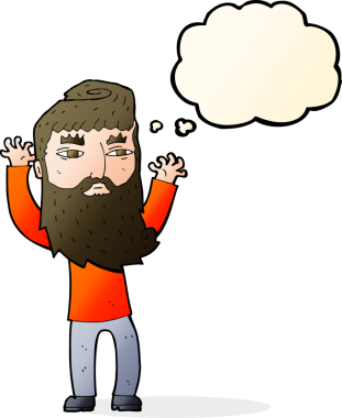 Çizgi film sakallı adam, bir insan tarafından çizilmiş düşünce balonuyla kollarını sallıyor.