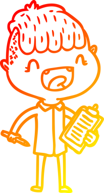 Sıcak bir çizgi film çizimi. Bir insan tarafından çizilmiş gülen, elinde klip tahtası olan mutlu bir çocuk.