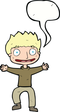 Bir insan tarafından çizilmiş konuşma balonlu sırıtan çocuk.