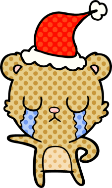 Ağlayan el çizimi çizgi roman stili Noel Baba şapkası takan bir ayı insan tarafından çizilmiş.