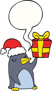 Bir insan tarafından çizilmiş konuşma baloncuğuyla birlikte noel hediyesi olan penguen çizgi filmi.