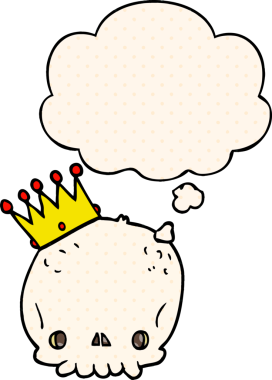 Karikatür kafatası ve insan tarafından çizilmiş düşünce baloncuğu.