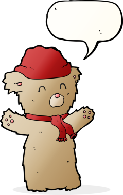 Bir insan tarafından çizilmiş, şapkalı ve atkılı bir oyuncak ayı.