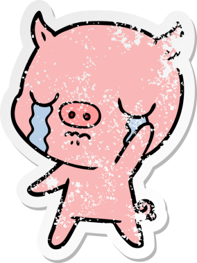 Çizgi filmdeki bir domuzun kederli çıkartması bir insan tarafından çizilmiş el sallayarak ağlıyordu.