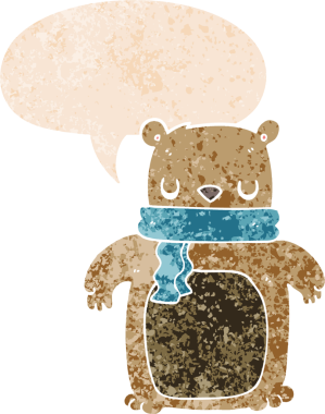 Bir insan tarafından çizilmiş grunge sıkıntılı retro tarzı içinde konuşma baloncuğu olan eşarplı çizgi film ayısı