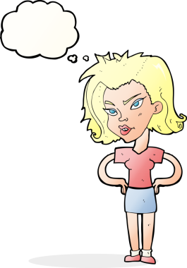 Bir insan tarafından çizilmiş düşünce baloncuğu olan elleri kalçasında çizgi film kadını.