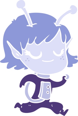 Gülümseyen uzaylı kız düz renkli çizgi film bir insan tarafından çizildi.