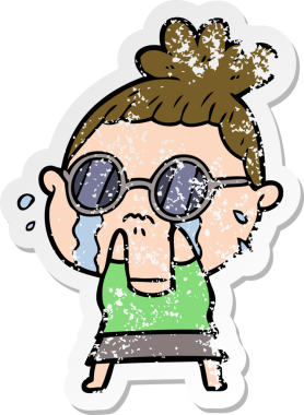 Bir insan tarafından çizilmiş güneş gözlüğü takan, ağlayan bir karikatür çıkartması.