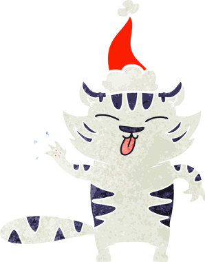 Bir insan tarafından çizilmiş Noel Baba şapkası giymiş beyaz bir kaplanın el çizimi karikatürü