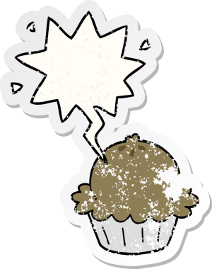 Konuşma baloncuğu olan şirin bir çizgi film pastası bir insan tarafından çizilmiş sıkıntılı eski bir çıkartma.