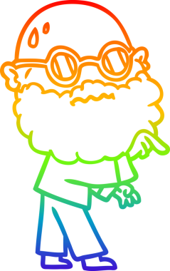 Gökkuşağı gradyan çizimi sakallı ve gözlüklü endişeli bir adamın bir insan tarafından çizilmiş parmağı.