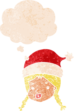 Çizgi film kızı, üzerinde düşünce baloncuğu olan noel şapkası ve grunge desenli hüzünlü eski tarz bir insan tarafından çizilmiş.