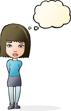 Bir insan tarafından çizilmiş düşünce baloncuğu olan ciddi bir kız.