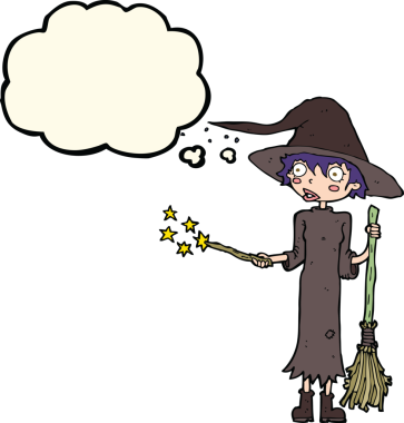 Bir insan tarafından çizilmiş düşünce baloncuğu ile çizgi film cadısı büyüsü